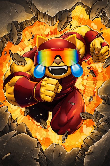 A muscular anthropomorphic cat character wearing red and yellow attire bursts through a wall of rocks with a roaring expression, oversized rainbow-reflective sunglasses, and visible blue tears of joy, set against a fiery orange and yellow explosion background. The image visually amplifies the post's hype of $MOG being "about to ultra giga send," with the cat's explosive, over-the-top breakthrough mirroring the meme's promise of a massive price rally.