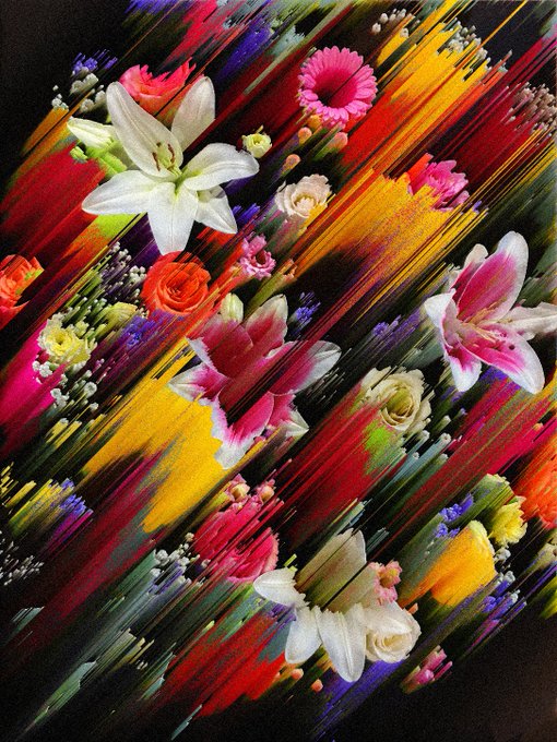 A vibrant artistic composition combining colorful diagonal brush strokes in red, yellow, and black with overlaid images of various flowers including lilies, roses, and gerberas.