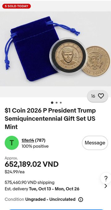 A product listing for a '$1 Coin 2026 P President Trump Semiquincentennial Gift Set US Mint' showing gold commemorative coins in protective cases with a blue velvet pouch, priced at approximately 652,189.02 VND ($24.99/ea) with 5 sold today, from seller 'tifer14'.