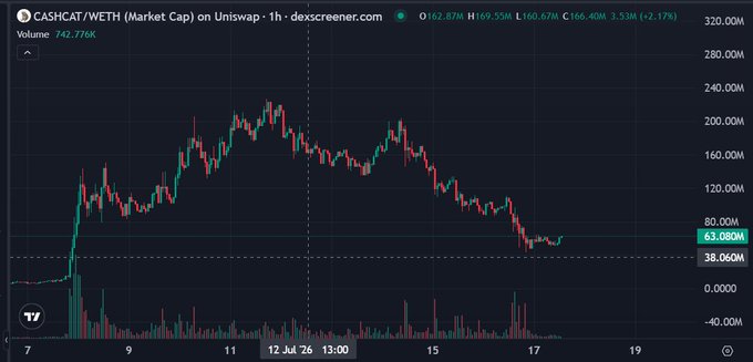 The image is a screenshot of the CASHCAT/WETH market cap chart on Uniswap, showing a declining trend with the current market cap at approximately $63 million. The accompanying post mentions buying CASHCAT at 59 million, indicating a recent entry point for the author and their community.