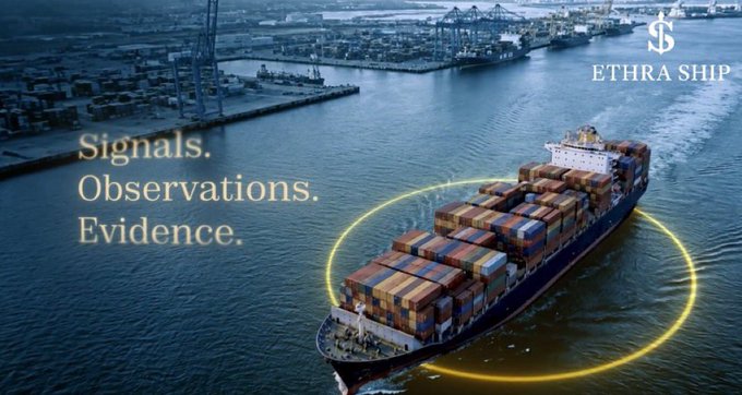 A large container ship is highlighted with a glowing yellow circle in a port, alongside the text "Signals. Observations. Evidence." and the "ETHRA SHIP" logo. The image visually reinforces the post's message about Sea Verity's multi-layered verification approach, using the highlighted vessel to symbolize how the platform goes beyond AIS tracking by adding time-stamped visual evidence and human observation to confirm a ship's true location and activity.
