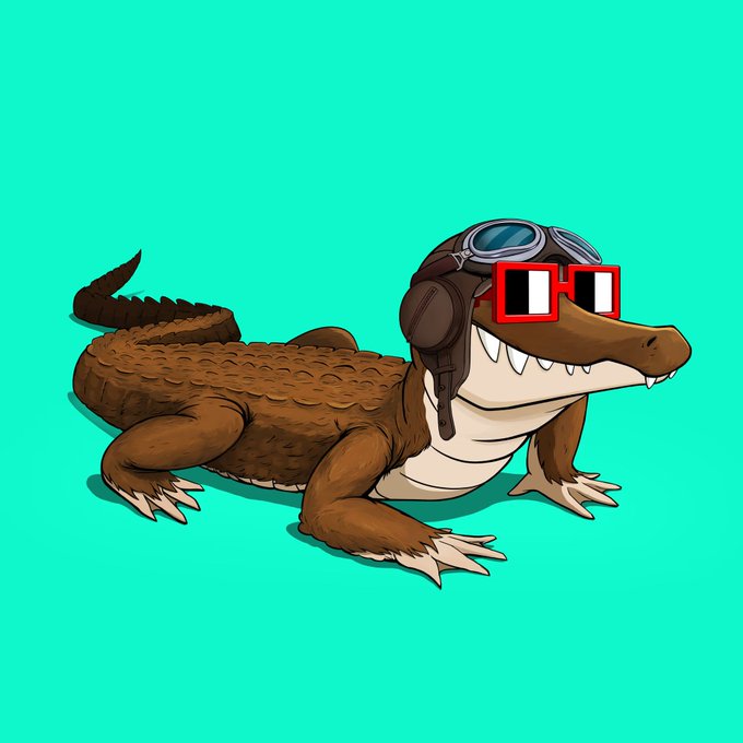 A cartoon illustration of a brown crocodile wearing a leather aviator cap, goggles, and red pixelated sunglasses, resting on a bright turquoise background.