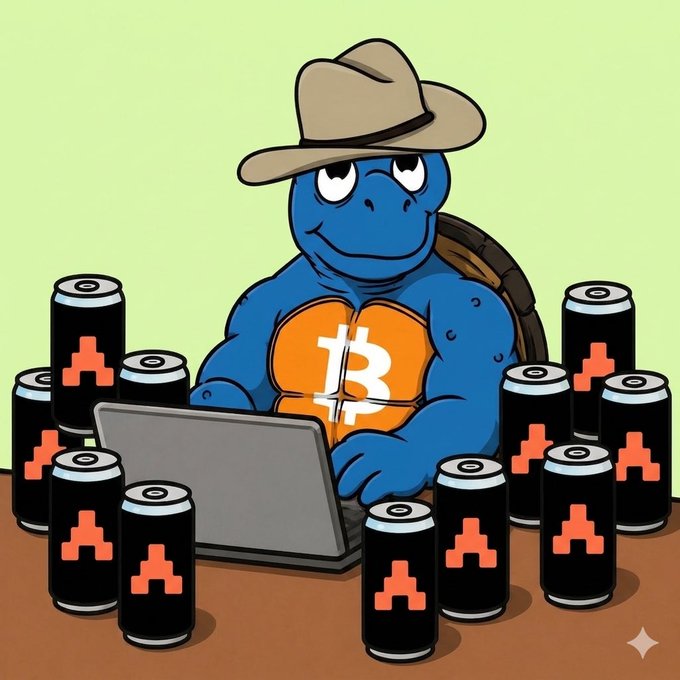 The image features a cartoon turtle wearing a cowboy hat, sitting at a desk with an open laptop computer. The turtle appears to be working or browsing the internet while surrounded by numerous cans of soda. These cans are arranged around the turtle's workspace, suggesting that the turtle is in a casual and relaxed environment. The scene also includes a post on social media, which likely discusses the concept of cryptocurrency and its applications.