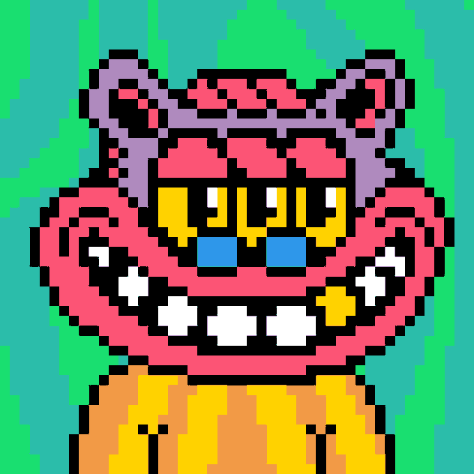 A pixel art image depicts a pink and purple creature with a wide, toothy grin and yellow, spiraling eyes, evoking a Cheshire Cat-like appearance. The post title "Cheshire Og" directly references this grinning, cartoonish character rendered in retro video game style.