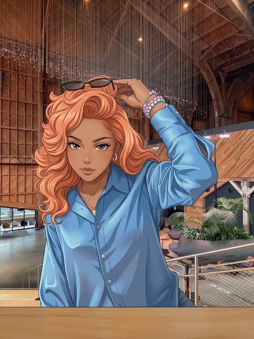 An anime-style digital illustration of a young woman with wavy orange hair, wearing an oversized light blue button-up shirt, posing with sunglasses perched on her head in a modern interior with high wooden ceilings.