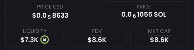A screenshot showing cryptocurrency metrics including a price of $0.058633 USD / 0.001055 SOL, with liquidity of $7.3K (locked), and both FDV and market cap at $8.6K, illustrating the very low market value of a token being promoted with promises of potential 1000x returns.