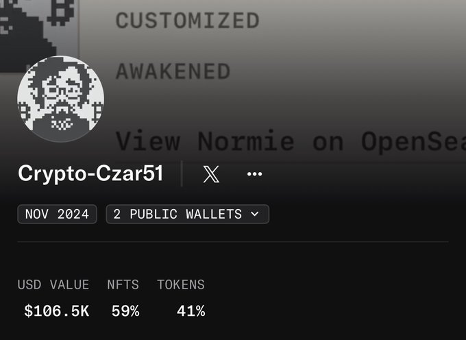 A screenshot of Crypto-Czar51's OpenSea profile showing their "Normie" NFT collection with an "AWAKENED" status, 2 public wallets holding $106.5K in value (59% NFTs, 41% tokens), supporting the post's claim about their significant presence in the NFT space.