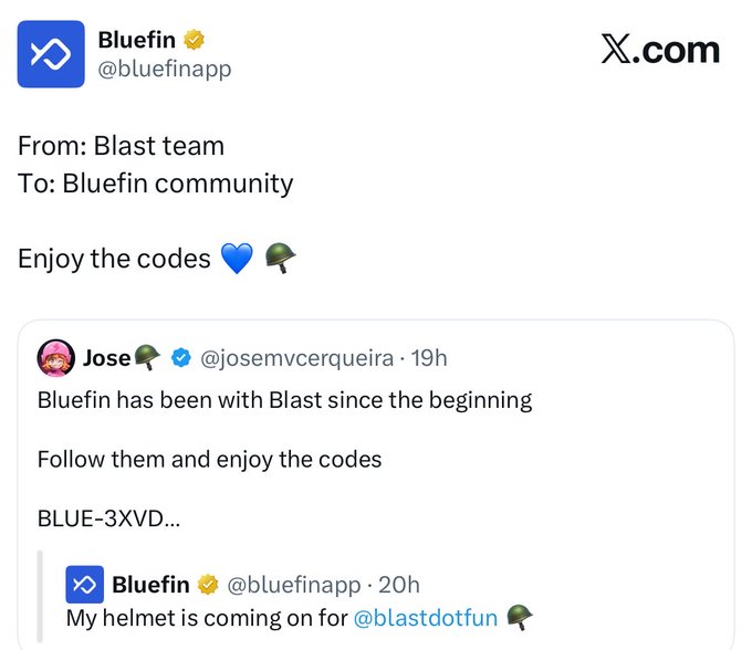 A screenshot of an X.com post from Bluefin (@bluefinapp) sharing a promotional code 'BLUE-3XVD...' from Blast team, with a quoted tweet from Jose (@josemvcerqueira).