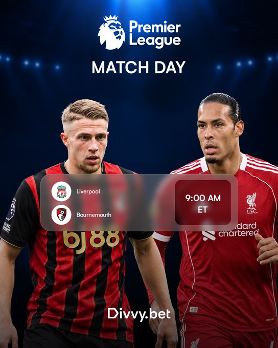 A 'Premier League MATCH DAY' promotional graphic for Divvy.bet featuring a Bournemouth player and Liverpool player, with the match time listed as '9:00 AM ET'.