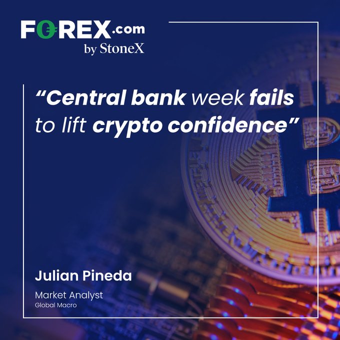 The image is a promotional graphic from FOREX.com by StoneX featuring a headline that reads, "Central bank week fails to lift crypto confidence," credited to Market Analyst Julian Pineda, Global Macro. Set against a stylized blue background with a faint Bitcoin symbol, it ties to the post's theme by highlighting crypto market sentiment amid central bank activity.