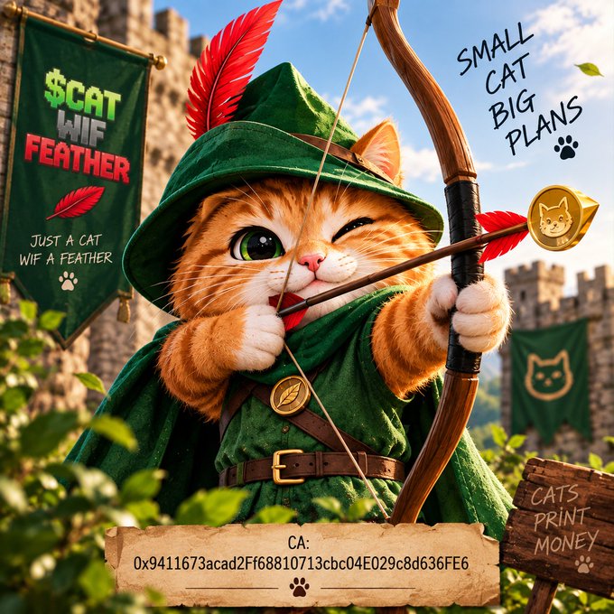 A digital illustration of a ginger cat dressed as Robin Hood with a green hat and feather, holding a bow, with text including '$CAT WIF FEATHER', 'SMALL CAT BIG PLANS', 'CATS PRINT MONEY', and a contract address 'CA: 0x9411673acad2Ff68810713cbc04E029c8d636FE6'.