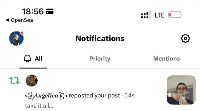 An OpenSea notifications screen showing a repost by user 'Angelica' captioned 'take it all...' from 54 seconds ago.