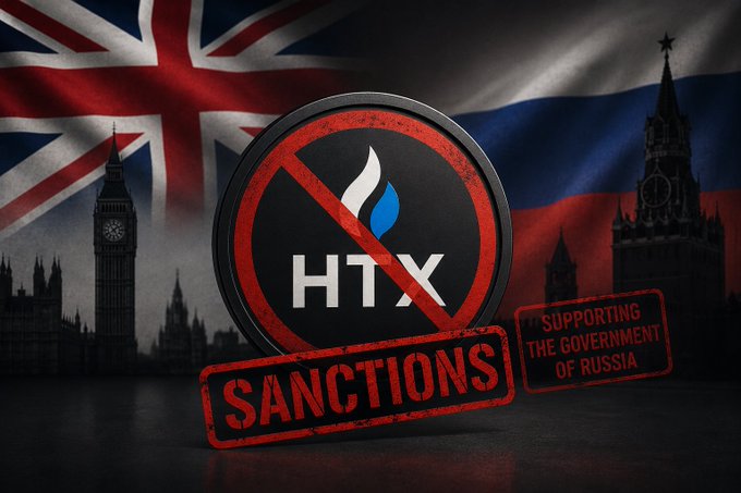 The image features a red circle with the word "HTX" written inside, surrounded by a red border. The background includes a British flag and a Russian flag, along with a clock tower and a building. Below the circle of red, there is a red stamp that reads "SANCTIONS". The text in the post indicates that the UK has imposed sanctions on HTX due to allegations of supporting Russian-linked financial networks and helping evade sanctions tied to the Kremlin.