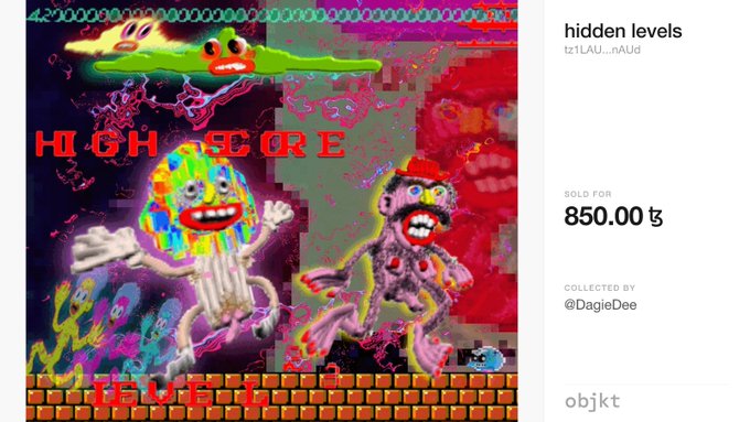 A glitch-art style NFT titled 'hidden levels' by tz1L4U...nAUd is shown with a 'SOLD FOR 850.00' tag on an 'objkt' listing.
