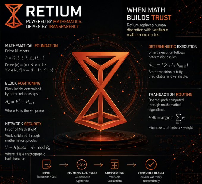 A dark promotional graphic for 'RETIUM' with the tagline 'POWERED BY MATHEMATICS. DRIVEN BY TRANSPARENCY.' featuring sections on Mathematical Foundation, Block Positioning, Network Security, Deterministic Execution, and Transaction Routing with mathematical formulas.