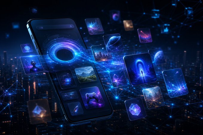The image features a smartphone with various app icons displayed on its screen, including one for "Kaiapps" and another for "WebView". The phone's display shows an array of different apps, such as "Kai Portal", "WebView launch", "wallet signing", and "KAI-gated access". These apps are part of the KAIP portal, which is designed to make it easier for users to discover and launch from their mobile devices. The image also includes a cityscape with buildings in shades of blue and purple, creating an urban atmosphere that complements the modern technology displayed on the phone's screen.