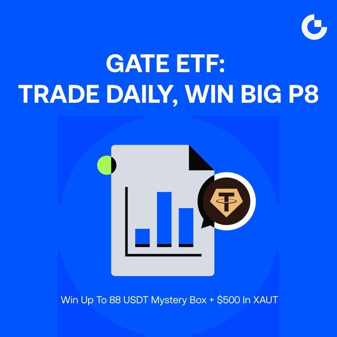 Blue promotional graphic for Gate.io ETF campaign reading 'GATE ETF: TRADE DAILY, WIN BIG P8' with offer of up to 88 USDT Mystery Box + $500 in XAUT.
