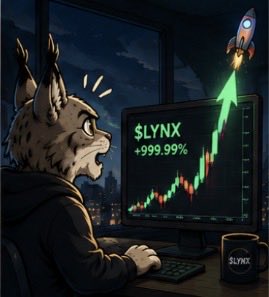 An illustrated llama character excitedly watching a green price chart for '$LYNX' rocket +999.99% upward on a computer screen, with a rocket launching in the background and a branded coffee mug nearby.