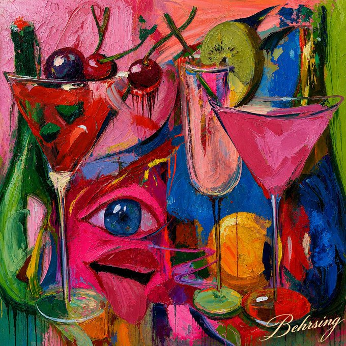 A vibrant, expressionist-style painting featuring cocktail glasses, cherries, a kiwi slice, and a face rendered in bold pink, red, and blue hues, signed 'Behrsing' in the bottom right.