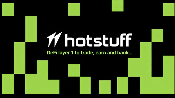 The image is a screenshot of a promotional advertisement for Hotsufff, which displays a logo featuring squares colored in shades of green and black. The website name "Hotsufff" is prominently featured at the top center within this square motif design. Below the main logo, there's text that reads, "Hotstuff was a top 3 dex for silver trading onchain last week let that sink in. not crypto. silver! RWA perps are moving and hotstuff is already in position; deep liquidity, 5x point boost on XAU, XAG, BRENTOIL and WTI right now good opportunity to grab some". This text emphasizes the importance of the website's trading activities and highlights how it could potentially generate profits for its users.