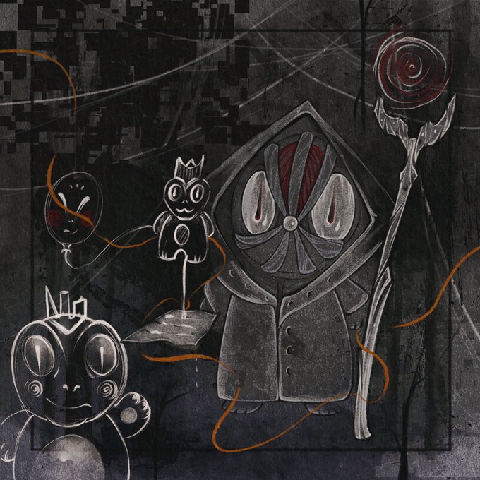 A dark, surreal digital artwork titled "Murky" features hooded figures with large, expressive eyes set against a textured black background, accented by floating orbs and red rose motifs, reflecting the haunting, otherworldly aesthetic of the NFT collected on objktcom.