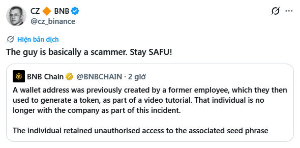 A screenshot of a tweet from CZ @cz_binance stating 'The guy is basically a scammer. Stay SAFU!' referencing a BNB Chain post about a wallet address created by a former employee.