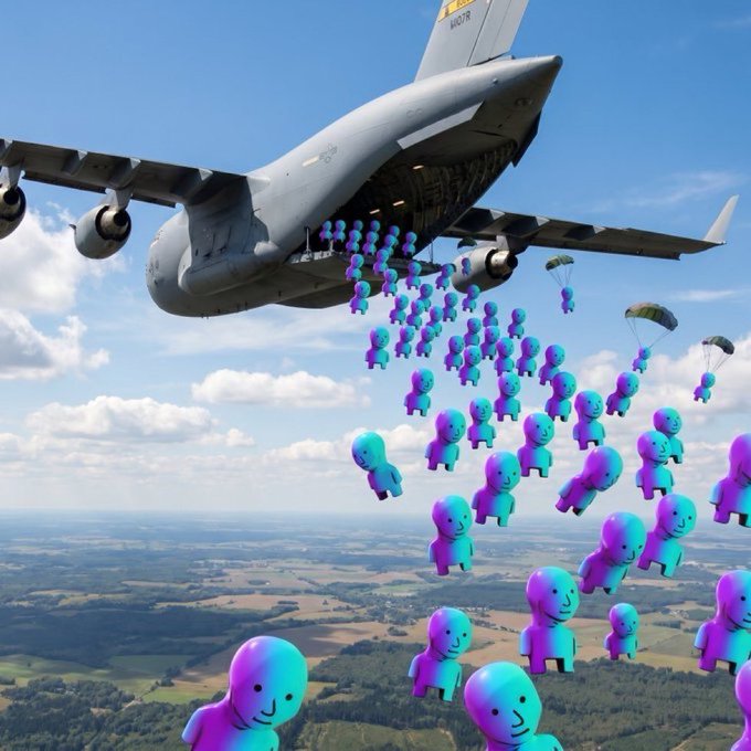 The image features a large airplane flying through the sky, with a group of people parachuting out of it. The scene includes numerous small figures of people parachuting into the air below the plane, creating an interesting contrast between the real-life action happening on the ground and the digital representation in the photo.
