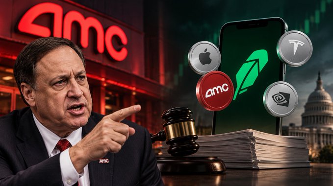 A composite image showing a man in an AMC suit pointing forward, with an AMC storefront in the background, a gavel and legal documents, and a smartphone displaying stock app icons for Apple, Tesla, Nvidia, and AMC against a backdrop of the US Capitol.