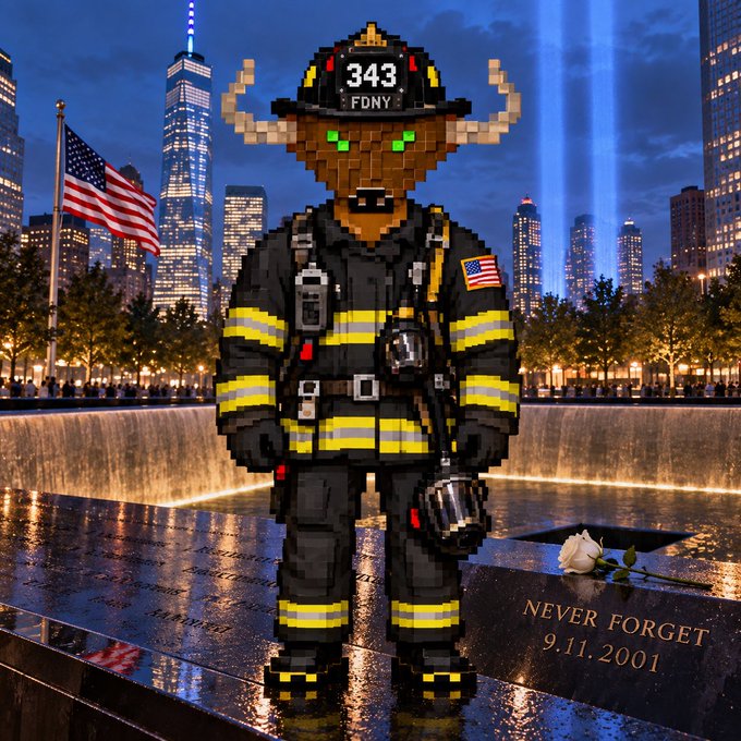 A pixel-art style character of an FDNY firefighter (numbered 343) stands at the 9/11 Memorial with the New York City skyline behind, beside an American flag and a 'NEVER FORGET 9.11.2001' plaque with a white rose.