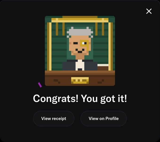 A pixel-art NFT achievement screen showing a pixelated judge character with the message "Congrats! You got it!" and buttons to "View receipt" or "View on Profile".