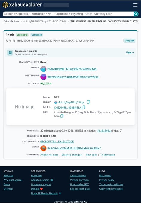 A screenshot of the Xahau Explorer showing a confirmed Remit transaction (successful and confirmed) that delivered 90.2 XAH and an NFT (C4E2D458...830BA51A) from wallet r4JUgSHpN91i71oyoRG7x7VXQ1I73vM to destination rBCnDS64ILbhwgcBdZUDFRH5TAlu2w9Qeq, illustrating a hook on Xahau that packages XAH together with an NFT into a voucher-style transfer.
