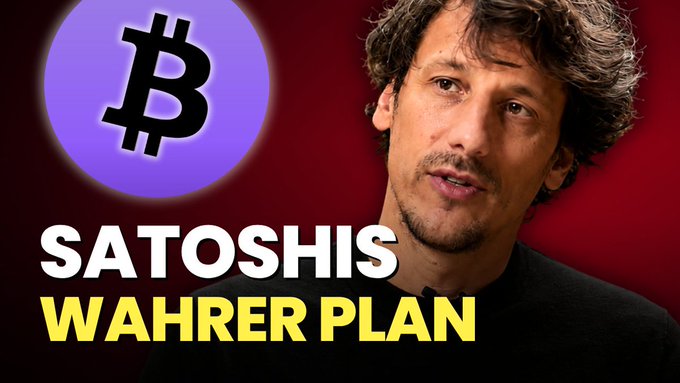 The image shows a thumbnail featuring a man with curly hair against a red background, with a purple Bitcoin logo in the upper left corner. Bold text reads "SATOSHIS WAHRER PLAN" (Satoshi's True Plan), which ties to the post's discussion of Satoshi Nakamoto's original vision for Bitcoin scaling and larger blocks, suggesting that Bitcoin would have reached $1 million and widespread adoption had his original plan been followed.