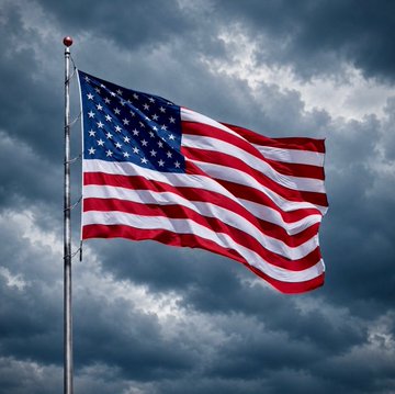 An American flag waves against a backdrop of ominous, dark storm clouds, visually echoing the post's warning about the dire consequences of private banking control and financial collapse on the nation's people.