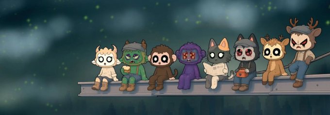 A lineup of nine cute, diverse creature characters from the Nibblins collection sit together on a steel beam against a moody, glowing background. The image showcases the variety of creature designs featured in this 10,000-piece launch, visually representing the whimsical characters available in the collection.