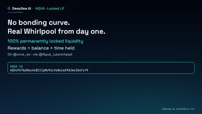 Promotional image for DeepSea AI (AQUA) reading 'No bonding curve. Real Whirlpool from day one. 100% permanently locked liquidity' with token contract address displayed.