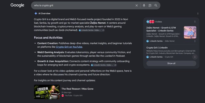 A Google search results page for 'who is crypto grit' displays an AI Overview describing Crypto Grit as a digital brand and Web3-focused media project founded in 2022, with links to YouTube and LinkedIn profiles for Zeijko Nemet.