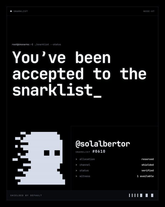 A digital graphic announcing 'You've been accepted to the snarklist_' with a pixelated ghost icon and user details for '@solalbertor', labeled 'SNARKLIST #0610' with status 'verified' and '1 available' witness.