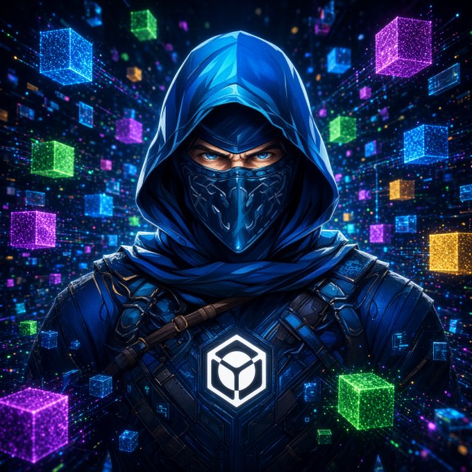 A digital illustration of a hooded, masked figure in blue attire standing against a backdrop of floating, multicolored, sparkling cubes, with a geometric cube logo on their chest.