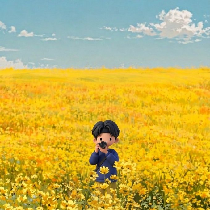 The image features a cartoon boy standing in a field of yellow flowers, holding a camera up to take a picture. The background shows a beautiful blue sky with clouds, creating a serene atmosphere for the scene. The caption provided seems unrelated to the main subject matter and does not provide any additional information about the photo or its creator.