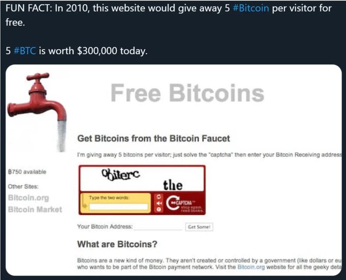 A social media post features a 'Free Bitcoins' website offering '5 bitcoins per visitor' via a captcha, with the caption noting that '5 #BTC is worth $300,000 today.'