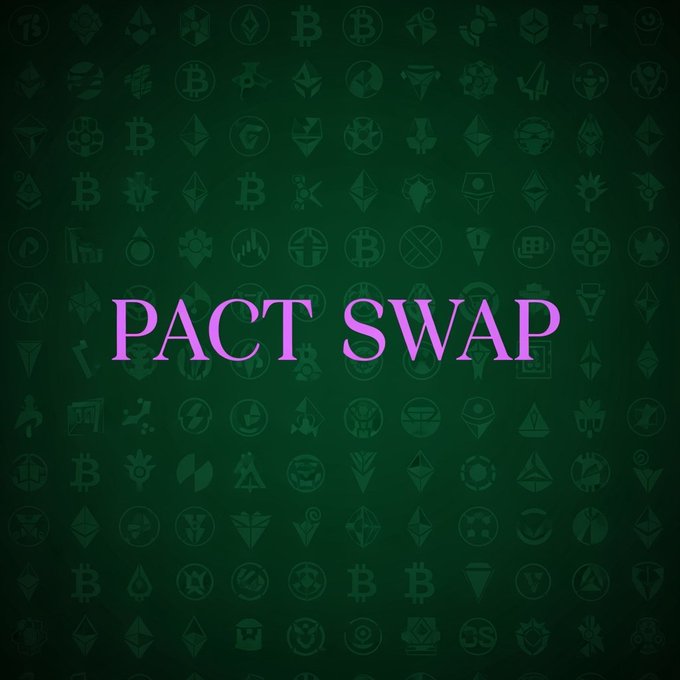A dark green graphic with 'PACT SWAP' in pink text surrounded by various crypto and gaming token logos.