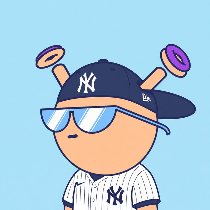 A cartoon illustration of a character wearing a New York Yankees baseball cap, jersey, and blue reflective sunglasses, with two donut-shaped ear muffs attached to the cap.