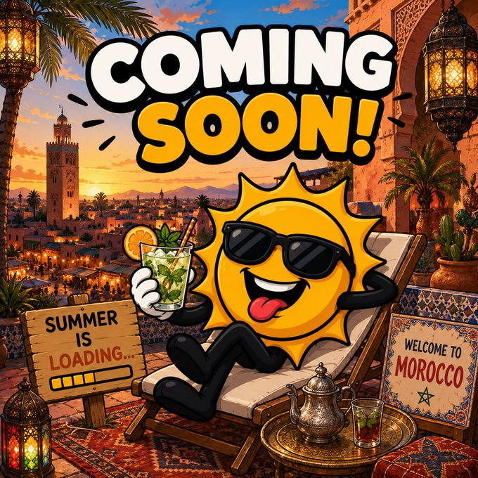The image features a cartoon sun character sitting on a chair, holding a drink with a straw. The background shows a cityscape at sunset, which adds to the overall atmosphere of the scene. There are also several other elements present in the image, such as a teapot and cups, suggesting that it could be an advertisement or promotional material for a travel destination like Morocco.