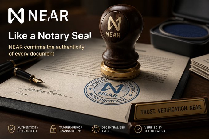 A promotional graphic for NEAR Protocol featuring a wooden notary stamp on a document with text 'Like a Notary Seal - NEAR confirms the authenticity of every document' and trust badges for authenticity, tamper-proof transactions, and decentralization.