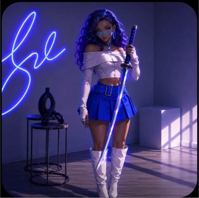 Stylized digital artwork of an anime-inspired female character with purple hair, wearing a white top, blue pleated skirt, and white boots, holding a katana next to a blue neon 'Girl' sign.