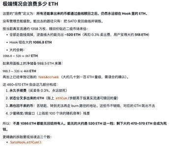 The image is a Chinese-language infographic explaining how "extremely deep liquidity" can waste few ETH, using SATO as the core example with specific numbers like 1358 lines, 520 ETH, 470-570 ETH range, and 1086.8 ETH. The post about holding SATO through price swings from $0.4 to $2 complements the image by sharing the user's personal experience with the coin that the infographic analyzes from a market depth perspective.