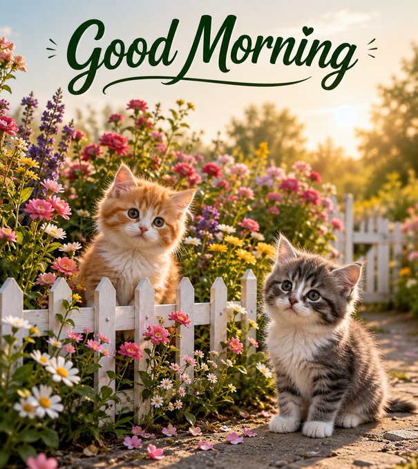 A cheerful "Good Morning" greeting card featuring two adorable kittens (one orange tabby and one gray tabby) sitting in a vibrant garden of colorful flowers.