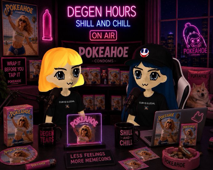 A neon-lit "DEGEN HOURS SHILL AND CHILL ON AIR" livestream set featuring two chibi-style characters in "CUM IS ILLEAGAL" shirts, surrounded by "Pokeahoe Condoms" branding, merchandise, and a doge image.