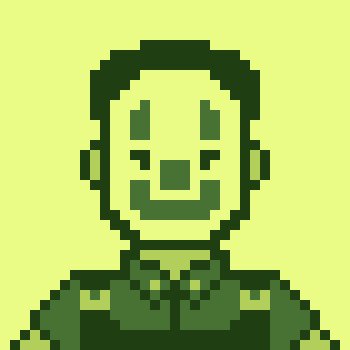 A pixel art avatar of a smiling character with green skin tones on a yellow background.