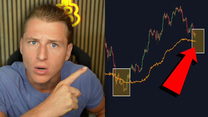 A YouTuber points urgently at a Bitcoin price chart showing a sharp recent decline after a sustained uptrend, with highlighted boxes marking the high and low extremes to emphasize the dramatic drop. This visual warning aligns with the post's urgent alert to Bitcoin holders about the sudden price reversal.